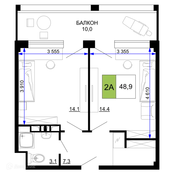 Планировка 2 комн. в ЖК Гостиничный комплекс «Мореград»