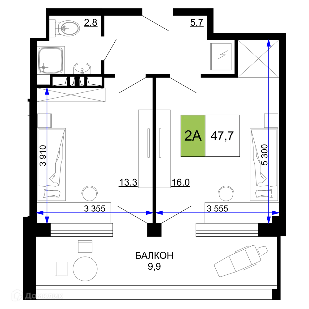 Планировка 2-комнатной квартиры 47.7 м² в ЖК Гостиничный комплекс «Мореград», г. Анапа — фото 1