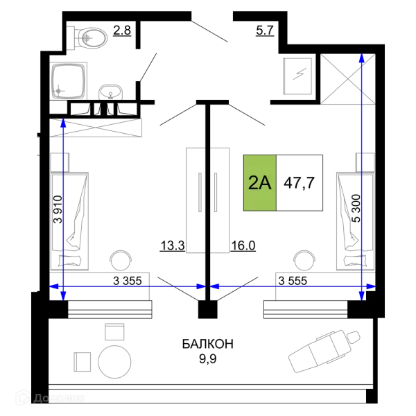 Планировка 2 комн. в ЖК Гостиничный комплекс «Мореград»