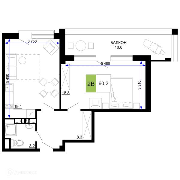 Планировка 2 комн. в ЖК Гостиничный комплекс «Мореград»