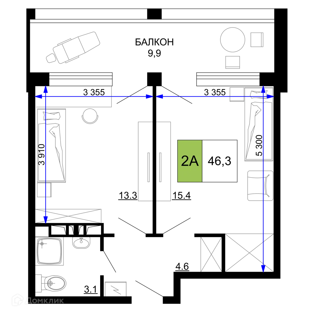 Планировка 2-комнатной квартиры 46.3 м² в ЖК Гостиничный комплекс «Мореград», г. Анапа — фото 1