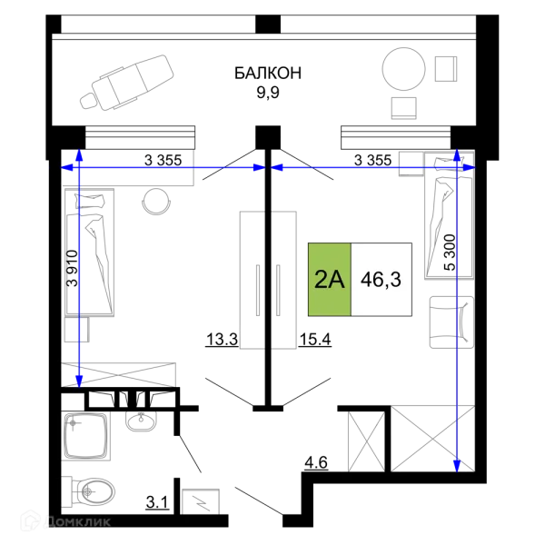 Планировка 2 комн. в ЖК Гостиничный комплекс «Мореград»