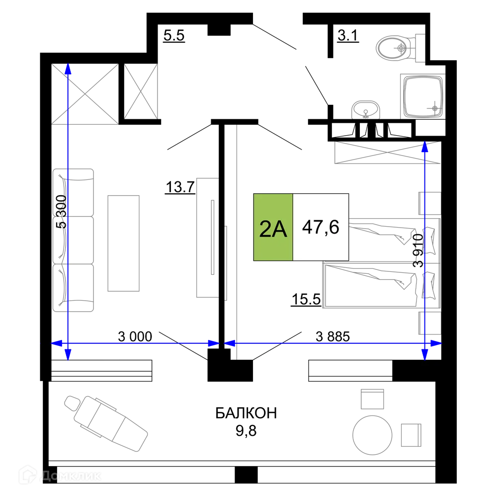 Планировка 2-комнатной квартиры 47.6 м² в ЖК Гостиничный комплекс «Мореград», г. Анапа — фото 1