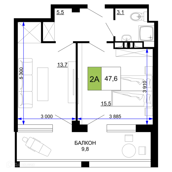 Планировка 2 комн. в ЖК Гостиничный комплекс «Мореград»