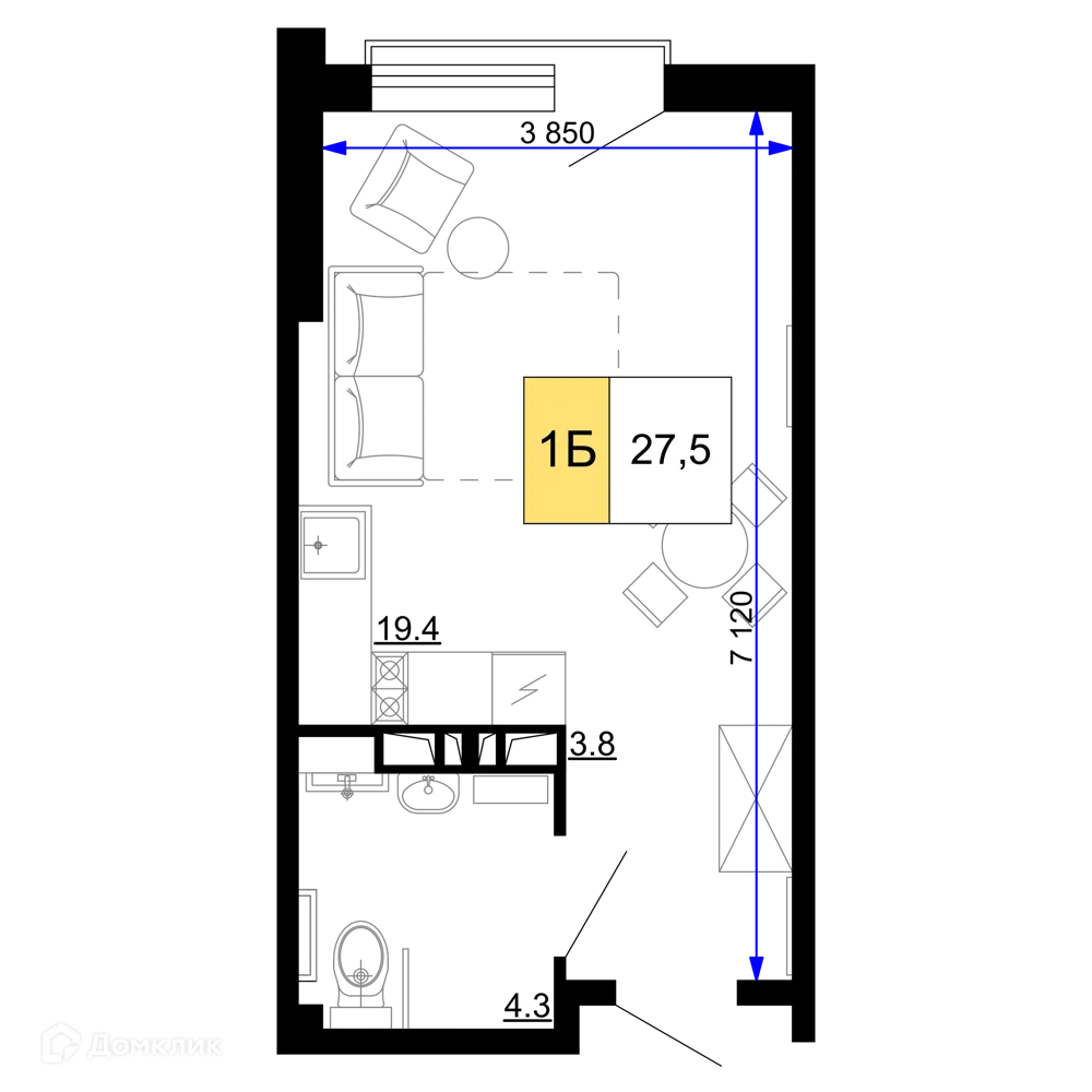 Планировка 1-комнатной квартиры 27.5 м² в ЖК Гостиничный комплекс «Мореград», г. Анапа — фото 1