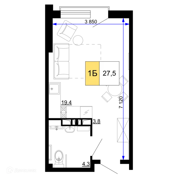 Планировка 1 комн. в ЖК Гостиничный комплекс «Мореград»