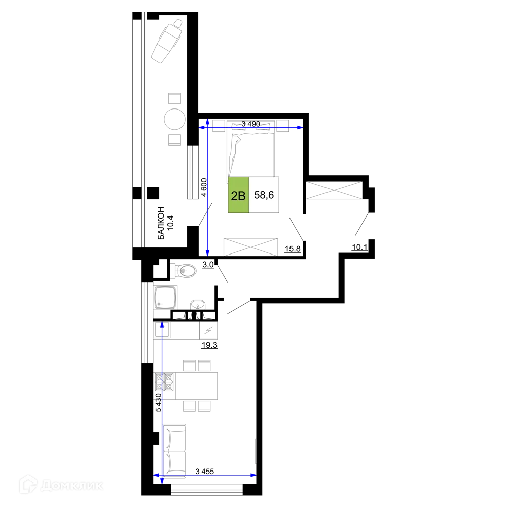Планировка 2-комнатной квартиры 58.6 м² в ЖК Гостиничный комплекс «Мореград», г. Анапа — фото 1