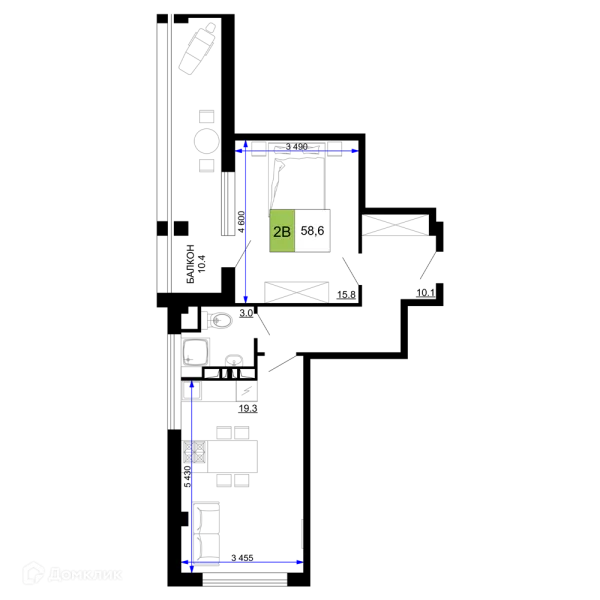 Планировка 2 комн. в ЖК Гостиничный комплекс «Мореград»