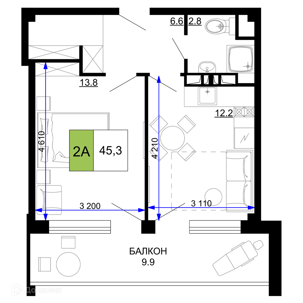 Планировка 2-комнатной квартиры 45.3 м² в ЖК Гостиничный комплекс «Мореград», г. Анапа — фото 1