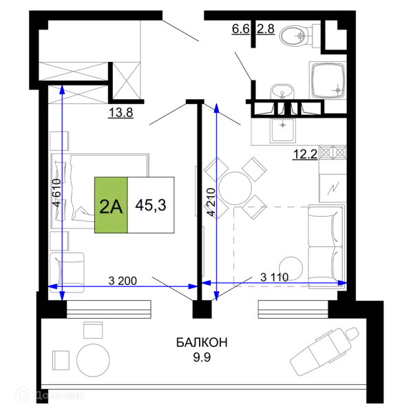 Планировка 2 комн. в ЖК Гостиничный комплекс «Мореград»