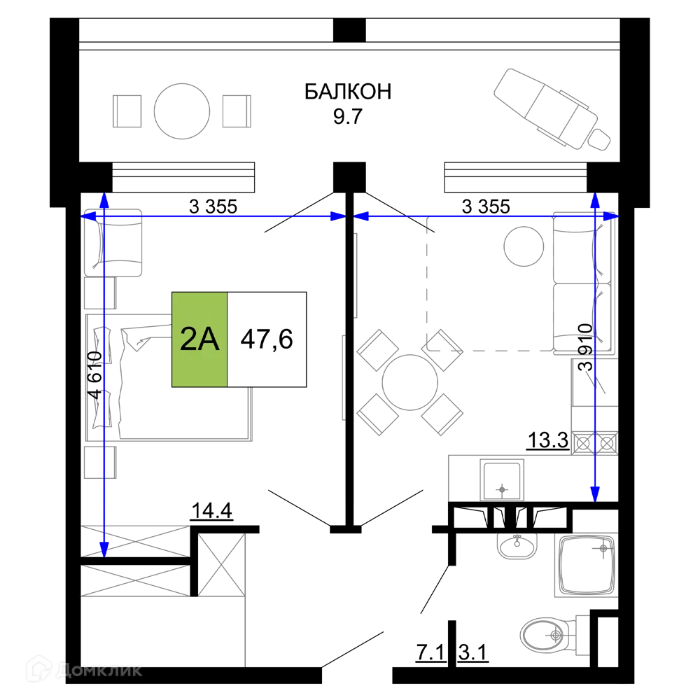 Планировка 2-комнатной квартиры 47.6 м² в ЖК Гостиничный комплекс «Мореград», г. Анапа — фото 1