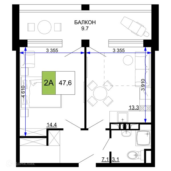 Планировка 2 комн. в ЖК Гостиничный комплекс «Мореград»