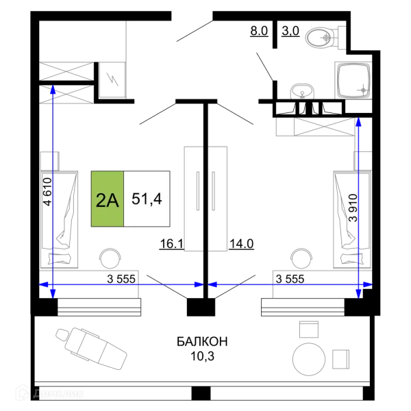 Планировка 2 комн. в ЖК Гостиничный комплекс «Мореград»