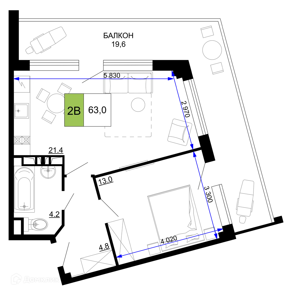 Планировка 2-комнатной квартиры 63 м² в ЖК Гостиничный комплекс «Мореград», г. Анапа — фото 1