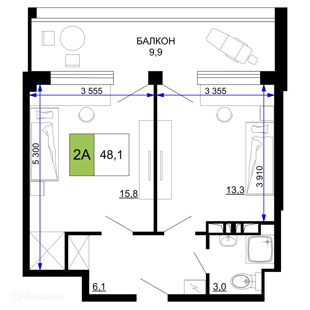 Планировка 2-комнатной квартиры 48.1 м² в ЖК Гостиничный комплекс «Мореград», г. Анапа — фото 1