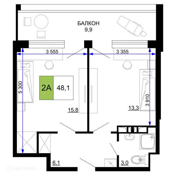 Планировка 2 комн. в ЖК Гостиничный комплекс «Мореград»