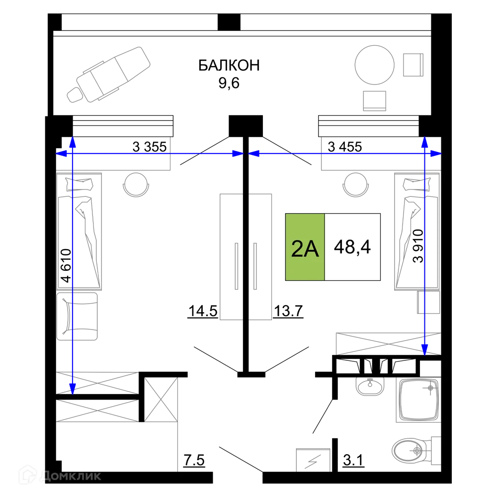 Планировка 2-комнатной квартиры 48.4 м² в ЖК Гостиничный комплекс «Мореград», г. Анапа — фото 1