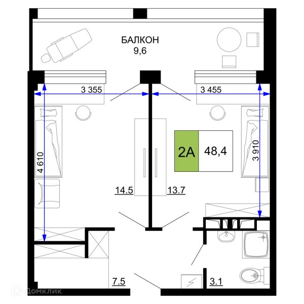 Планировка 2 комн. в ЖК Гостиничный комплекс «Мореград»