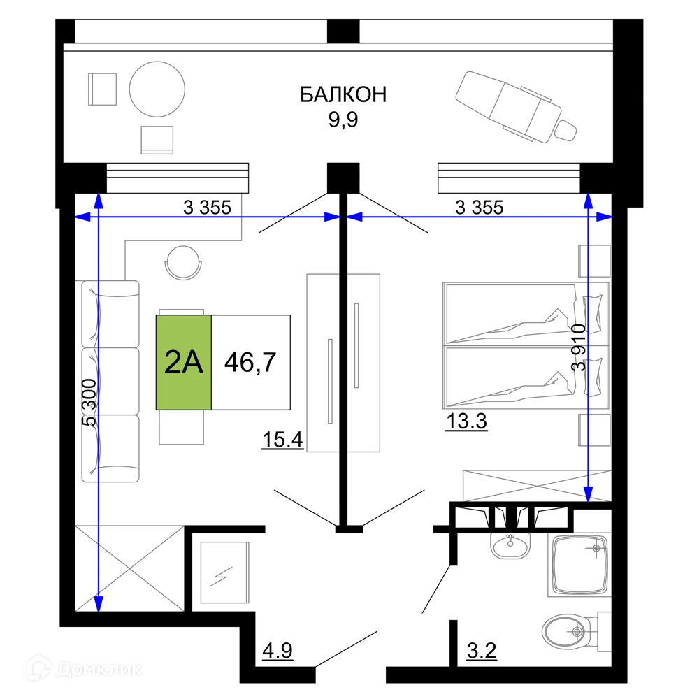 Планировка 2-комнатной квартиры 46.7 м² в ЖК Гостиничный комплекс «Мореград», г. Анапа — фото 1