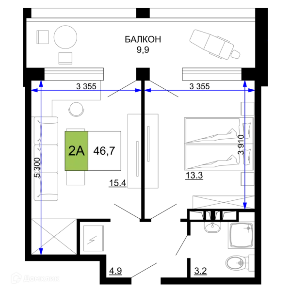 Планировка 2 комн. в ЖК Гостиничный комплекс «Мореград»