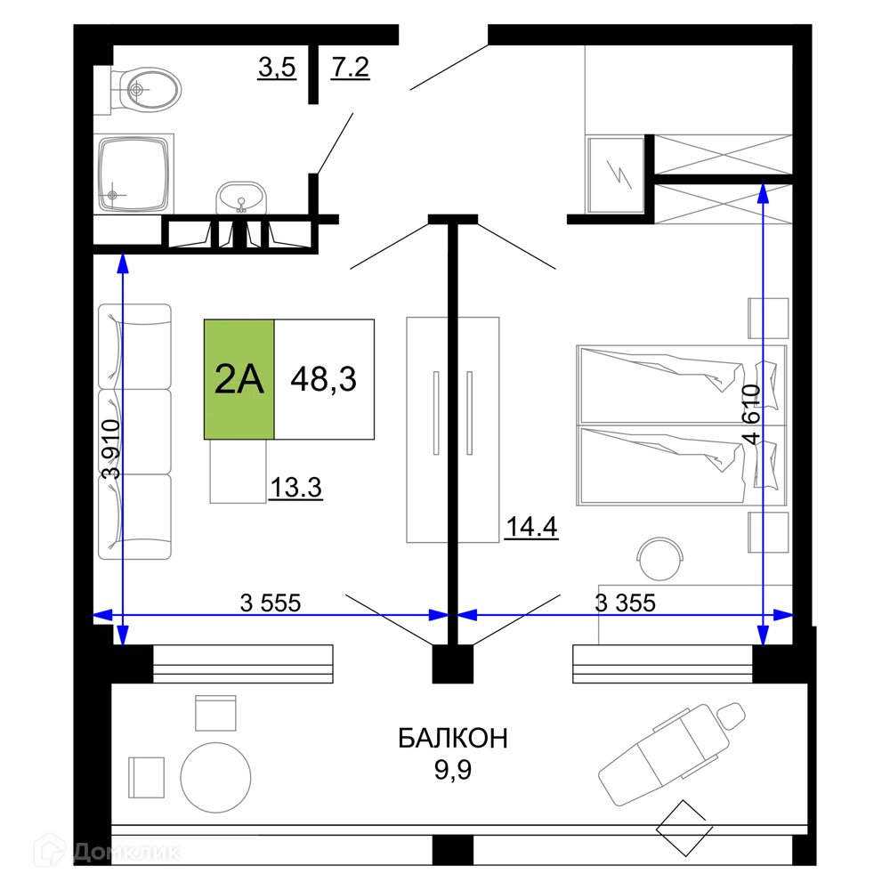 Планировка 2-комнатной квартиры 48.3 м² в ЖК Гостиничный комплекс «Мореград», г. Анапа — фото 1