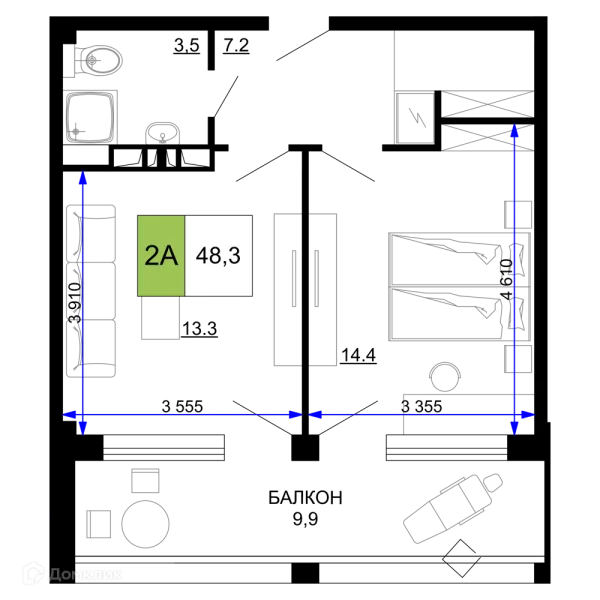 Планировка 2 комн. в ЖК Гостиничный комплекс «Мореград»