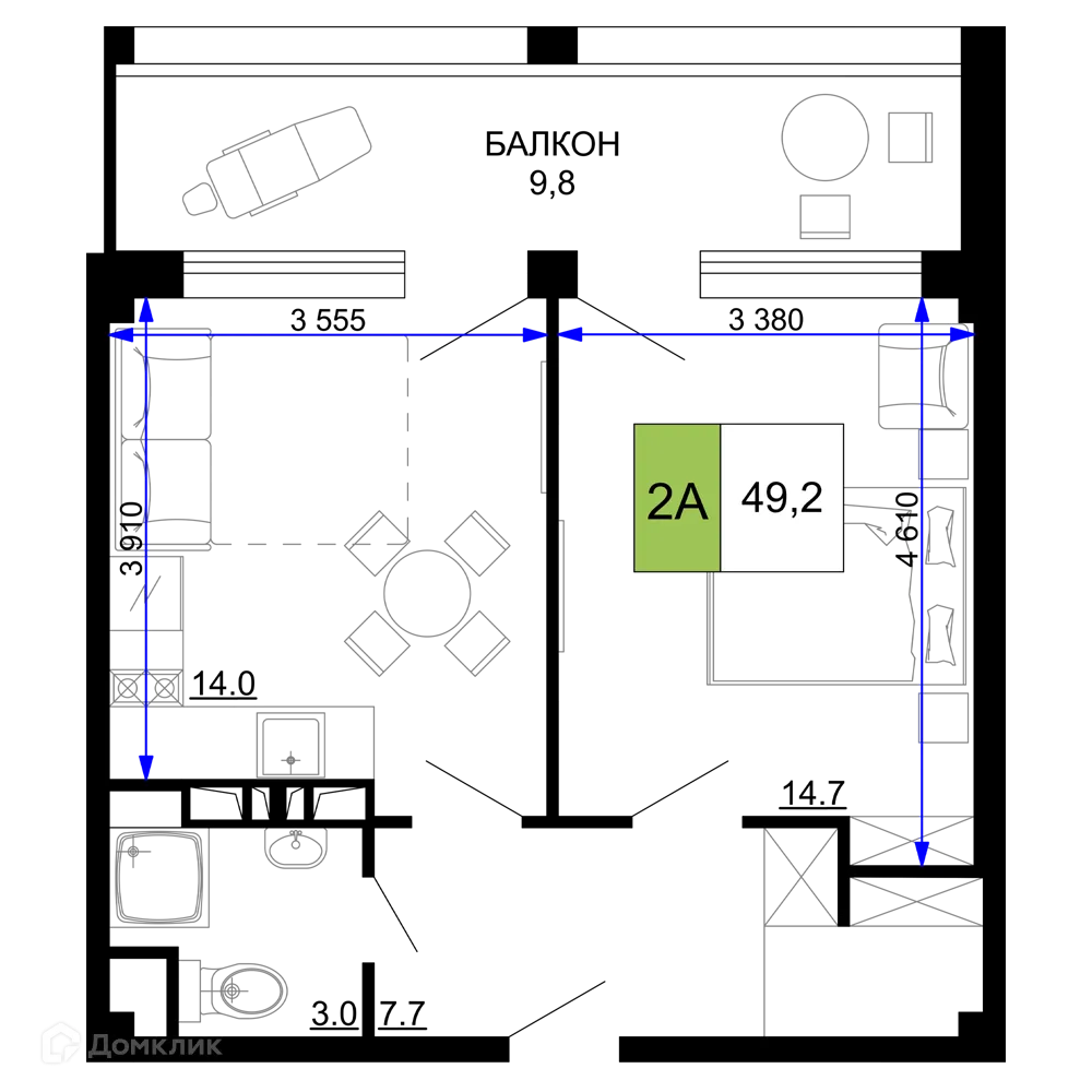 Планировка 2-комнатной квартиры 49.2 м² в ЖК Гостиничный комплекс «Мореград», г. Анапа — фото 1