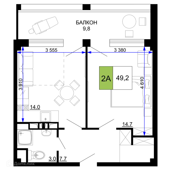 Планировка 2 комн. в ЖК Гостиничный комплекс «Мореград»