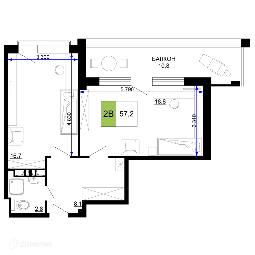 Планировка 2-комнатной квартиры 57.2 м² в ЖК Гостиничный комплекс «Мореград», г. Анапа — фото 1