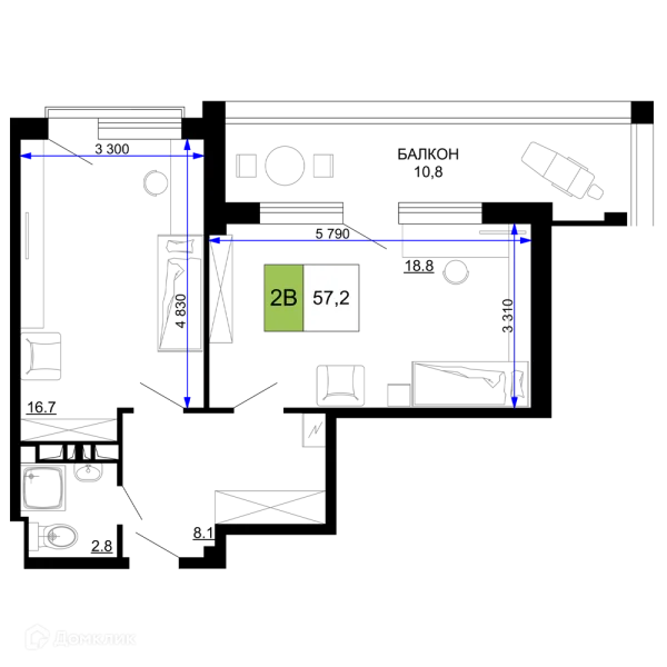 Планировка 2 комн. в ЖК Гостиничный комплекс «Мореград»