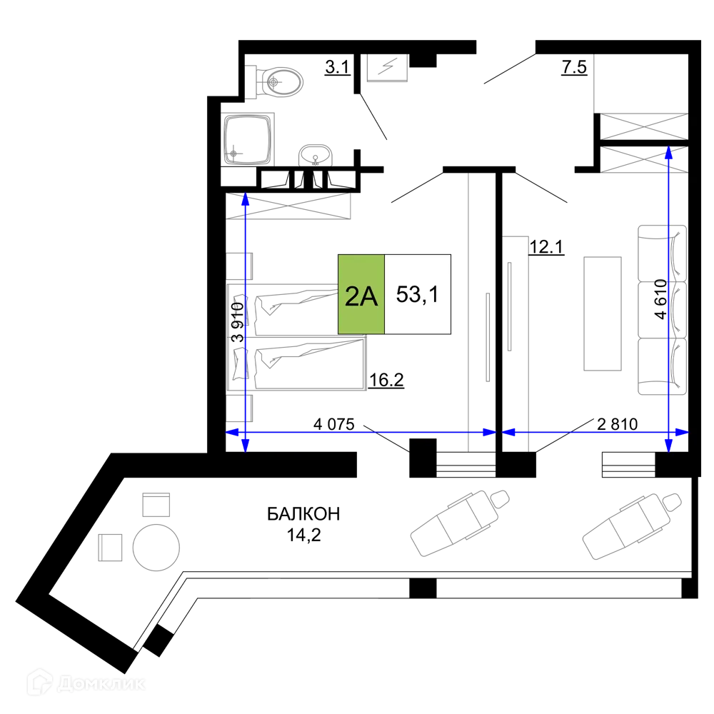 Планировка 2-комнатной квартиры 53.1 м² в ЖК Гостиничный комплекс «Мореград», г. Анапа — фото 1