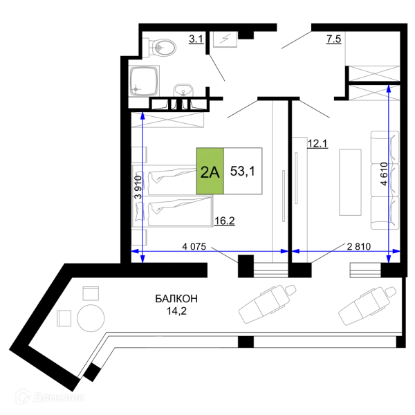 Планировка 2 комн. в ЖК Гостиничный комплекс «Мореград»