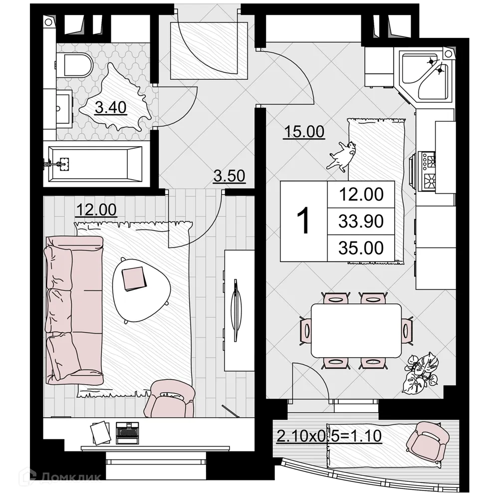 Планировка 1-комнатной квартиры 35 м² в ЖК Песчаный, г. Анапа — фото 1