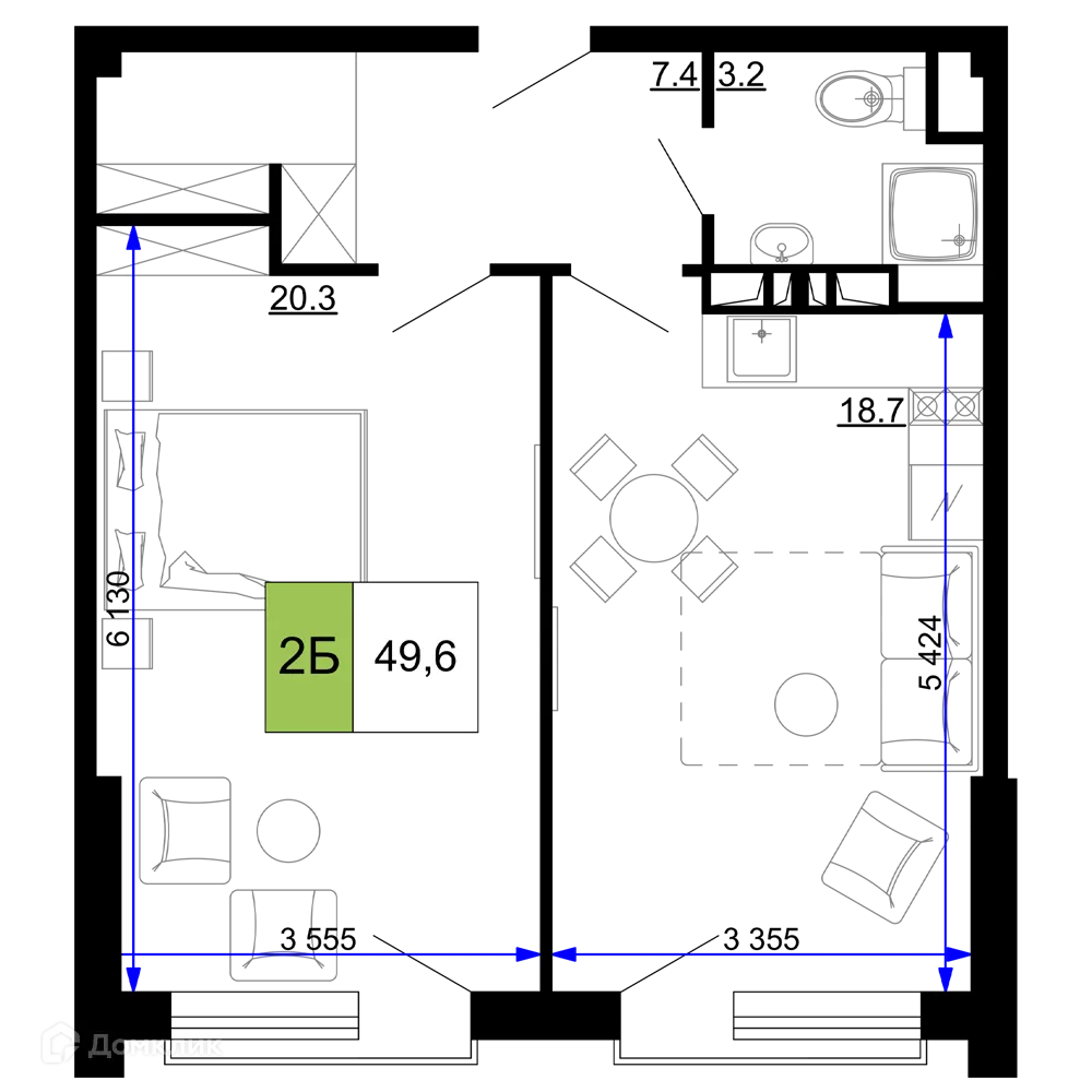Планировка 2-комнатной квартиры 49.6 м² в ЖК Гостиничный комплекс «Мореград», г. Анапа — фото 1