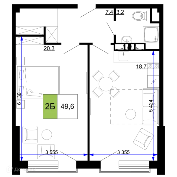 Планировка 2 комн. в ЖК Гостиничный комплекс «Мореград»