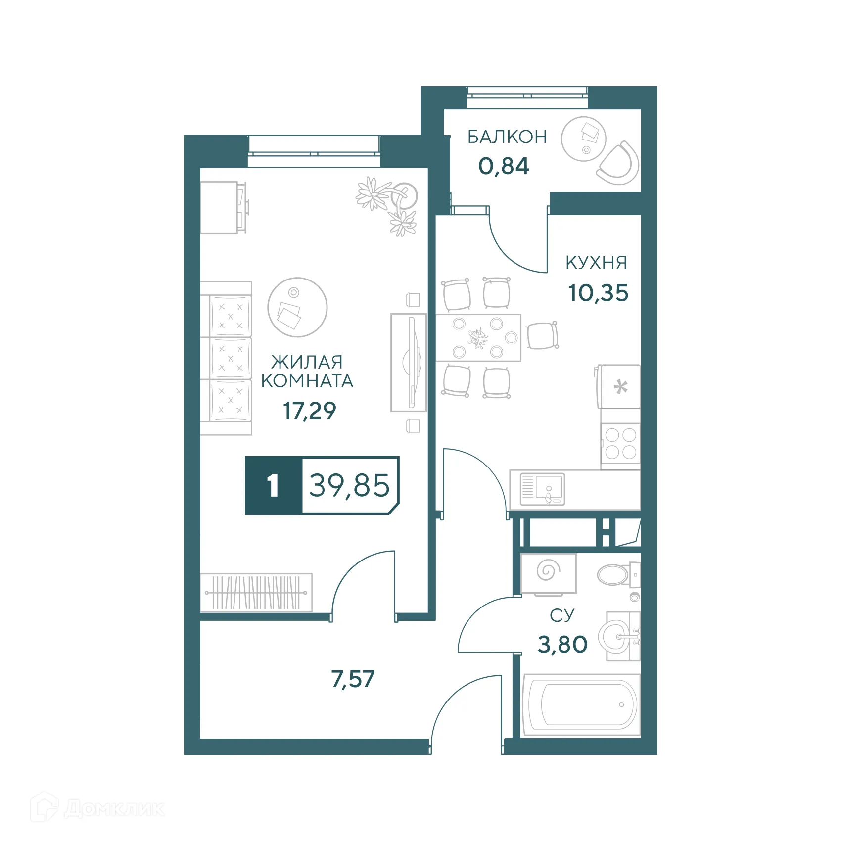 Планировка 1-комнатной квартиры 39.85 м² в ЖК"Центральный", г. Анапа — фото 1