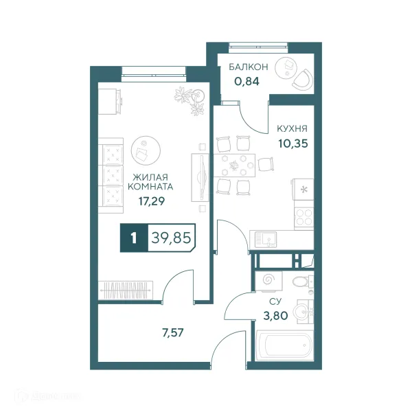 Планировка 1 комн. в ЖК"Центральный"