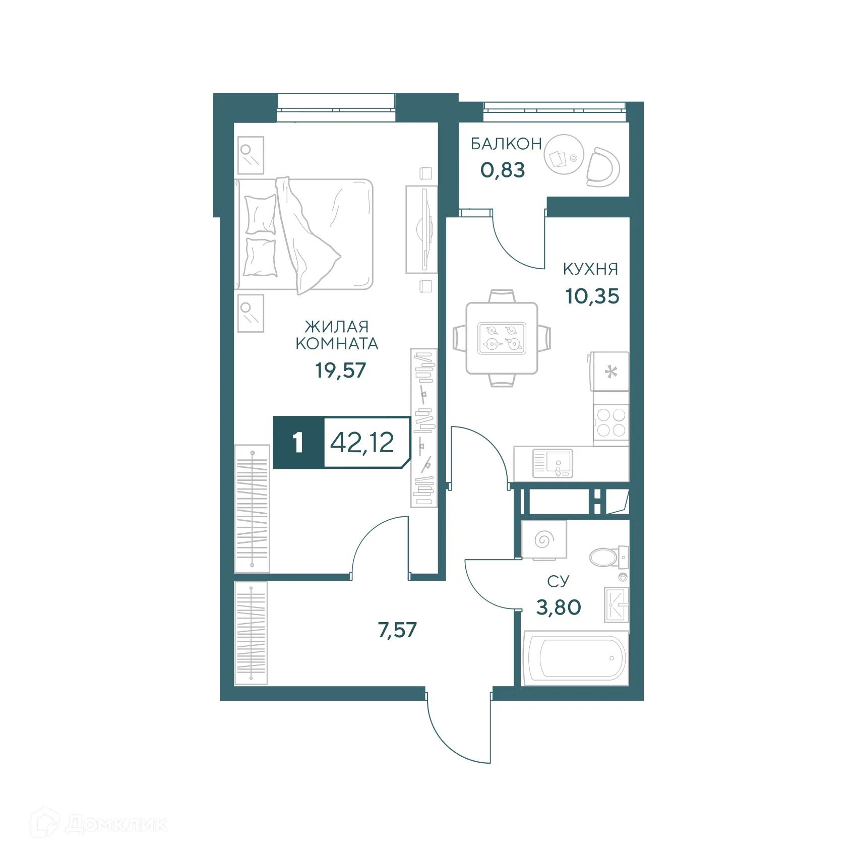 Планировка 1-комнатной квартиры 42.12 м² в ЖК"Центральный", г. Анапа — фото 1