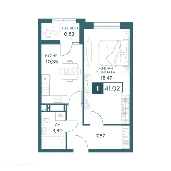 Планировка 1 комн. в ЖК"Центральный"