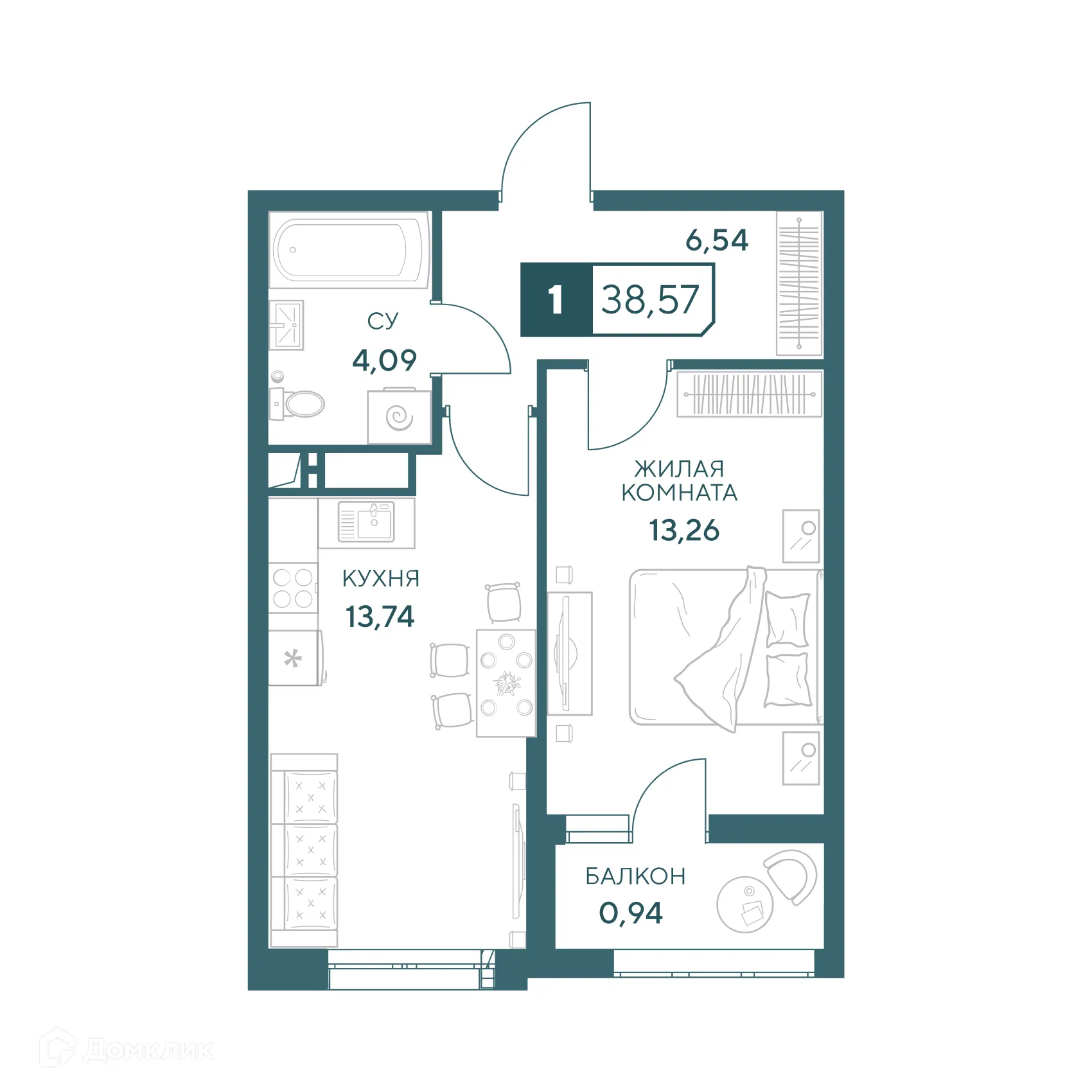 Планировка 1-комнатной квартиры 38.57 м² в ЖК"Центральный", г. Анапа — фото 1