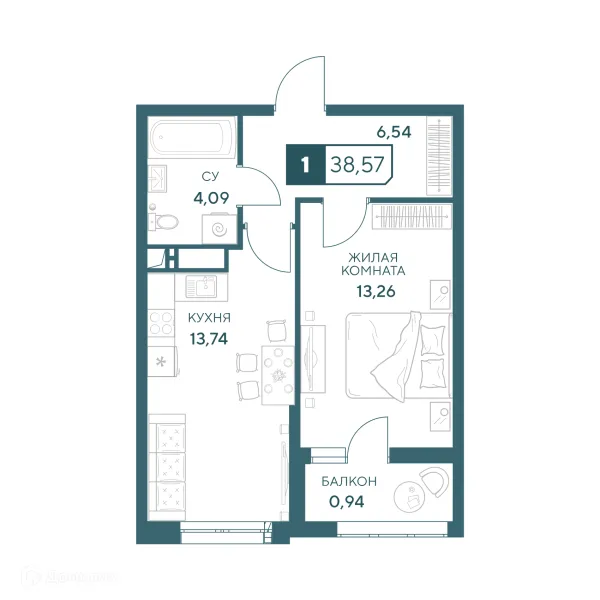 Планировка 1 комн. в ЖК"Центральный"