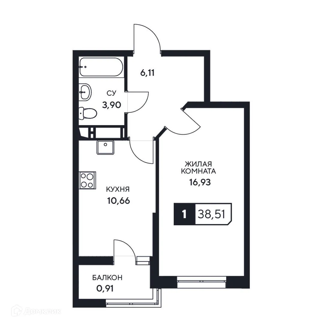 Планировка 1-комнатной квартиры 38.51 м² в ЖК"Центральный", г. Анапа — фото 1