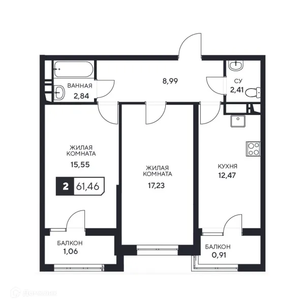 Планировка 2 комн. в ЖК"Центральный"