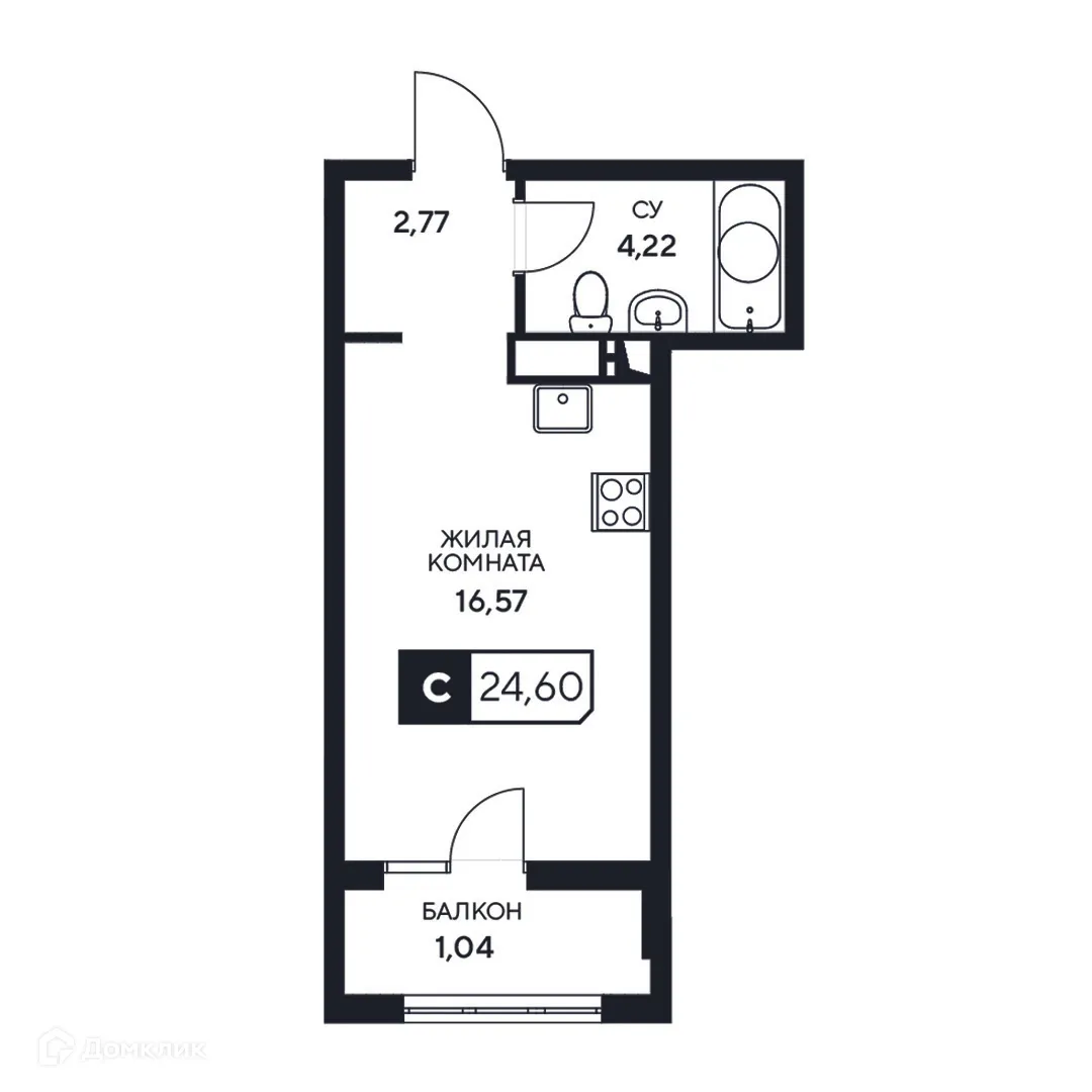 Планировка студии квартиры 24.6 м² в ЖК"Центральный", г. Анапа — фото 1