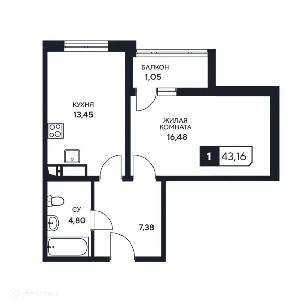 Планировка 1 комн. в ЖК"Центральный"