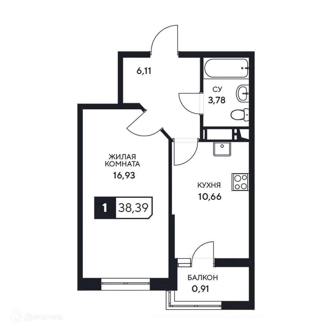 Планировка 1-комнатной квартиры 38.39 м² в ЖК"Центральный", г. Анапа — фото 1