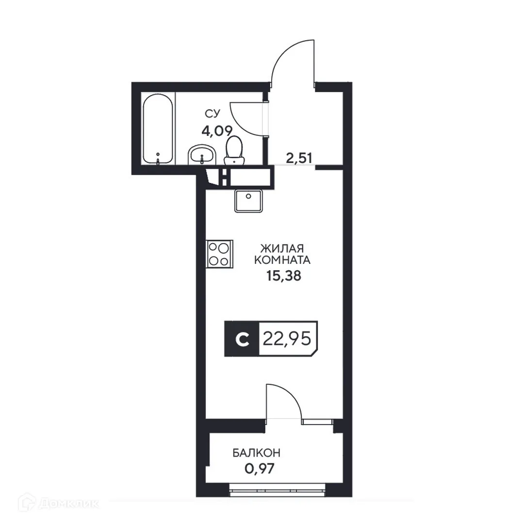 Планировка студии квартиры 22.95 м² в ЖК"Центральный", г. Анапа — фото 1