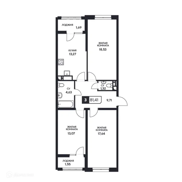 Планировка 3 комн. в ЖК"Центральный"