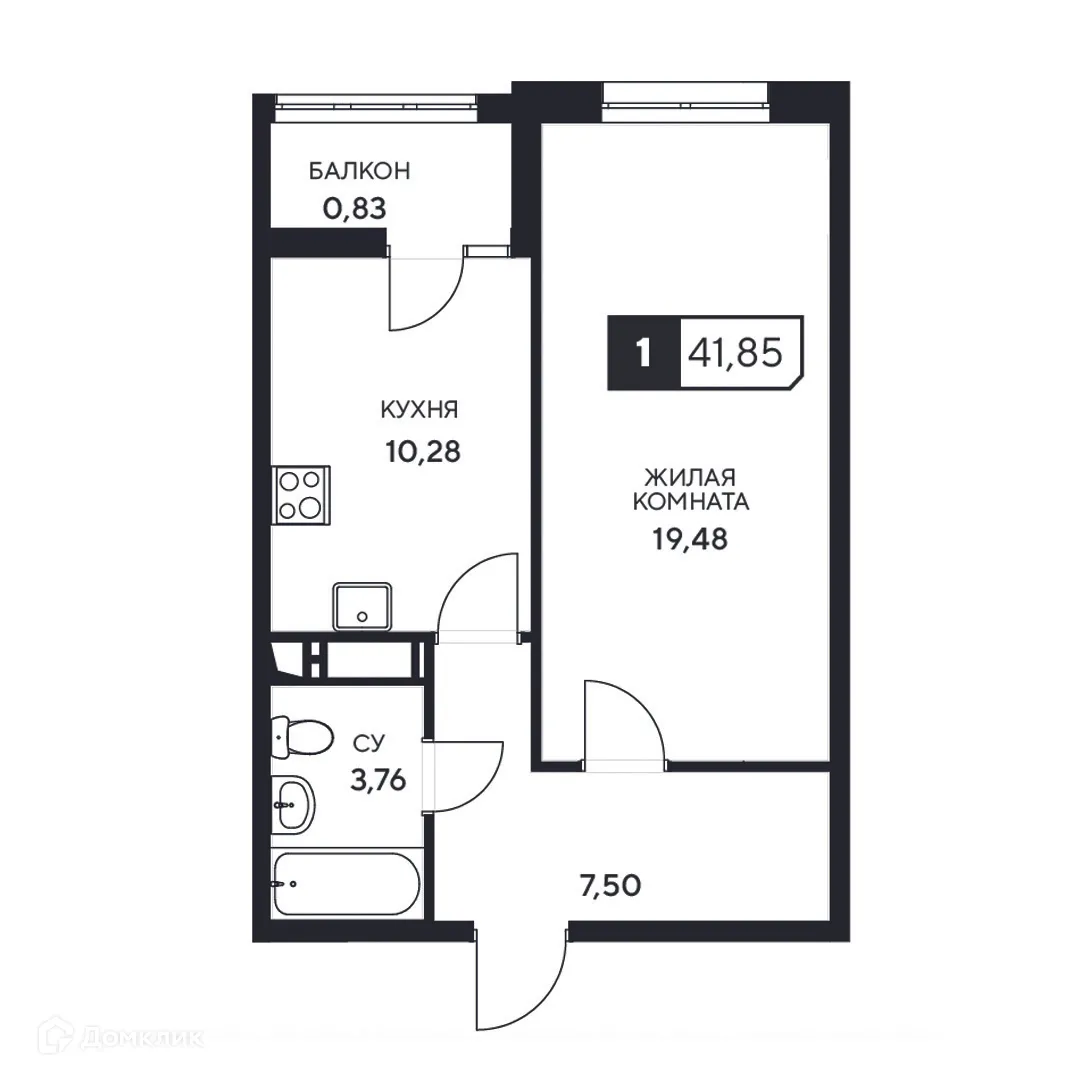 Планировка 1-комнатной квартиры 41.85 м² в ЖК"Центральный", г. Анапа — фото 1