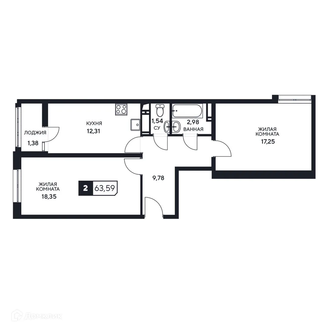 Планировка 2-комнатной квартиры 63.59 м² в ЖК"Центральный", г. Анапа — фото 1